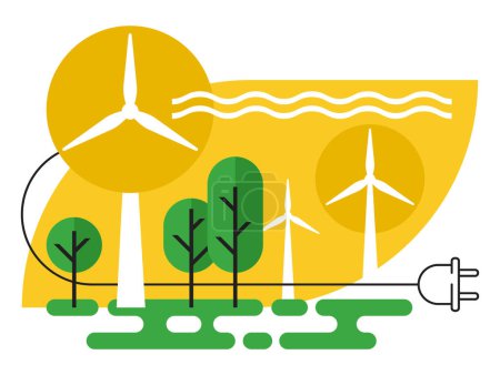 Ilustración de Innovaciones en fuentes de energía renovables - Desarrollo sostenible. Turbinas eólicas y enchufe eléctrico en patrón abstracto - Imagen libre de derechos