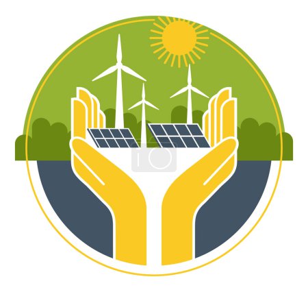 Ilustración de Concepto de innovaciones en fuentes de energía renovables - Desarrollo sostenible. Turbinas eólicas de mano y paneles solares - Imagen libre de derechos