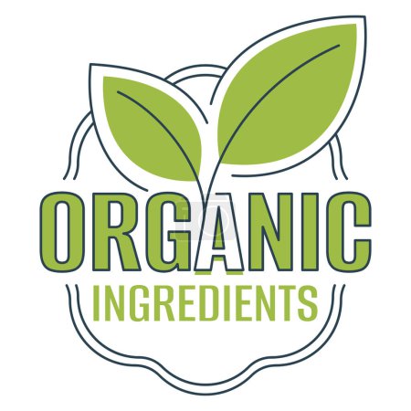 Ingredientes orgánicos distintivo en forma de línea delgada y sello para productos alimenticios naturales saludables composición etiquetas - pictograma aislado vector con contorno hoja de planta