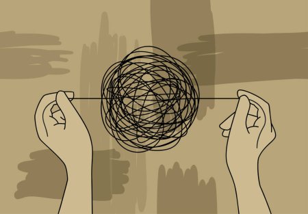 Illustration for Unraveling therapy or strategy concept - human hands unravel the tangle in outline decoration - drawn vector illustration for poster or banner - Royalty Free Image