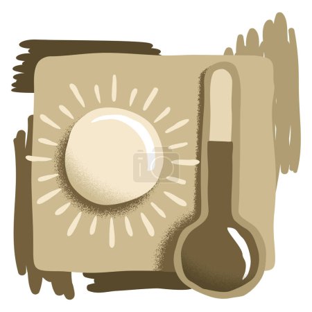 Concept de danger de chaleur estivale, de changement climatique ou de réchauffement climatique - soleil et thermomètre dessinés avec indicateur ascendant - emblème vectoriel isolé