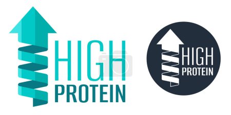 Icono de bebida alta en proteínas con flecha hacia arriba y espiral. Etiquetado de fitness y bebidas saludables 