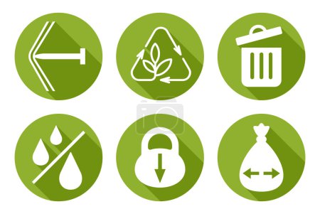 Conjunto de iconos de paquete de plástico: resistencia a las perforaciones y fugas, alta capacidad, gran tamaño, reciclable o reutilizable. Pictogramas verdes con largas sombras