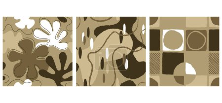 Téléchargez les illustrations : Motif abstrait dessiné sans couture serti de carrés, feuilles, formes grincheuses pour le textile - arrière-plan reproductible vectoriel moderne en couleur neutre - en licence libre de droit