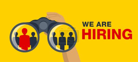 We are hiring concept - recruiter hands holding binocular with chosen employee in lenses. Recruiting vector poster