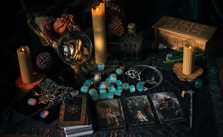 Photo for Concept of divination, predictions on tarot cards and Scandinavian magic. Europe, Ukraine. Kiev October 29 : Illustrative Editorial - Royalty Free Image