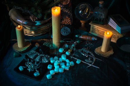 Photo for Scandinavian, Nordic concept, old world magic. Rite, pagan scene, North witch altar - Royalty Free Image