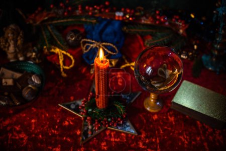 Concept of Christmas atmosphere, divination, fate predictions, magical ball and other magic. Illustration of magical Holidays aesthetic