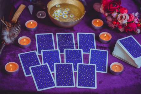 Photo for Illustration of esoteric scene, candles on a altar, divination predictions fate and oracle - Royalty Free Image