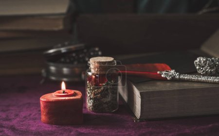 Photo for Illustration of witch altar. Concept of destiny and prediction. Magic and energy, wicca and pagan stuff. Alternative healing medicine - Royalty Free Image