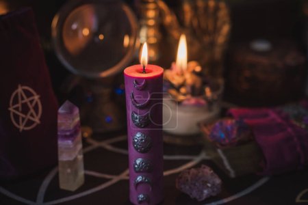 Photo for Illustration of witch altar. Concept of destiny and prediction. Magic and energy, wicca and pagan stuff. Alternative healing medicine - Royalty Free Image