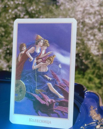 Photo for Tarot card close up. White magic, attributes for witch, magic for love, health, attracting happiness. Esoteric concept. Europe, Ukraine. Kiev May 18 : Illustrative Editorial - Royalty Free Image