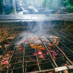 Assorted delicious grilled meat on a barbecue grill with smoke and flames. Barbecue skewers meat kebabs with vegetables on a flaming grill.
