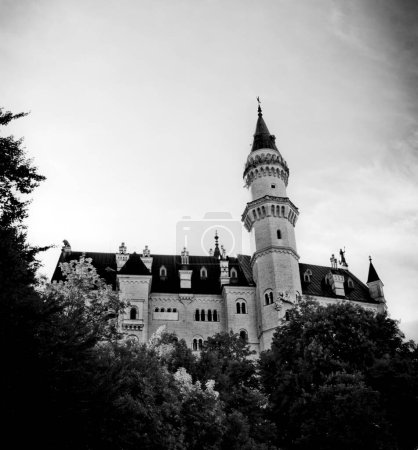 Téléchargez les photos : Photo antique incolore de neuschwanstein, célèbre château médiéval de chevaliers, dragons et princesses, château - en image libre de droit