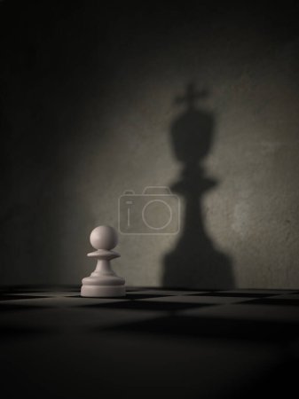 Téléchargez les photos : Rendu 3D, Pion d'échecs blanc à l'ombre d'un roi, Think Big concept. - en image libre de droit