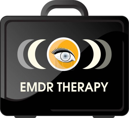 Kit de herramientas de terapia de reprocesamiento de desensibilización del movimiento ocular (EMDR) en una maleta negra. Un tratamiento de psicoterapia para personas que han tenido experiencias traumáticas.