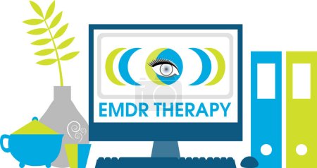 Concepto de terapia de reprocesamiento de desensibilización del movimiento ocular (EMDR) en una pantalla de computadora. Un tratamiento de psicoterapia para personas que han tenido experiencias traumáticas.