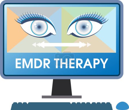 Illustration for Eye Movement Desensitization Reprocessing (EMDR) therapy concept on a computer screen. A psychotherapy treatment for people who had traumatic experiences. - Royalty Free Image