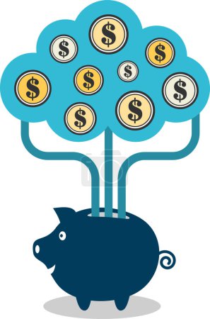 Ilustración de Concepto de gestión financiera en la nube de presupuestar fondos para pagar el consumo de computación en la nube. Financiación de una alcancía Coste de Cloud Computing en la nube. - Imagen libre de derechos