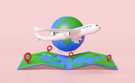 Reise-Weltkarte mit Passagierflugzeug, Pin isoliert auf rosa Hintergrund. Luftfracht-Trucking, Weltreise-Konzept, 3D-Illustration oder 3D-Render, Clipping-Pfad