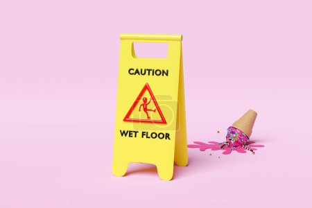 Téléchargez les photos : Caution slippery or wet floor caution plastic sign with ice cream cones fallen on the floor isolated on blue background. warning symbol, 3d render illustration, clipping path - en image libre de droit