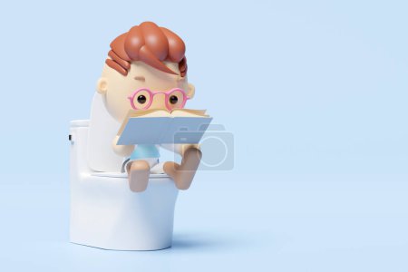 3d cartoon boy character sitting on the toilet in the bathroom reading a book isolated  blue background. 3d render illustration, clipping path