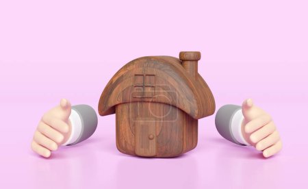 Foto de Hombre de negocios manos protegiendo modelo de casa de madera aislado sobre fondo rosa. familia feliz, protección, concepto de préstamos hipotecarios, ilustración de renderizado 3d, camino de recorte - Imagen libre de derechos