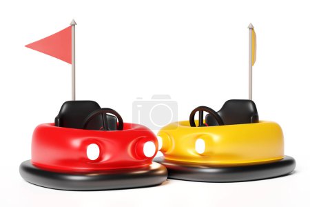 concepto de parque de atracciones 3d con coche eléctrico amarillo rojo del topetón aislado sobre fondo blanco. Ilustración de renderizado 3d, ruta de recorte