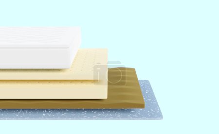 Photo for 3d 4 layered sheet material mattress with fabric, soft sponge, latex, memory foam isolated on blue background. minimal abstract, 3d render illustration, clipping path - Royalty Free Image