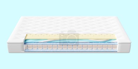 Photo for 3d layered sheet material mattress with air fabric, pocket springs, natural latex, memory foam isolated on blue background. 3d render illustration, clipping path - Royalty Free Image