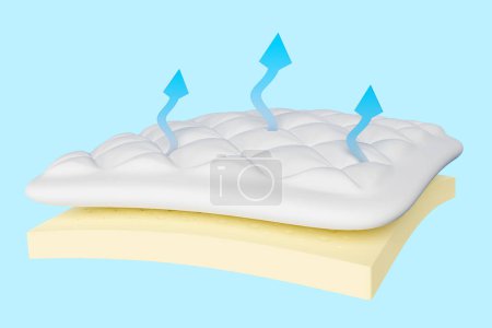 Photo for 3d layered sheet material mattress with fabric, natural latex, arrow isolated on blue background. soft and breathable material concept. 3d render illustration - Royalty Free Image