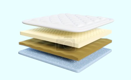 Photo for 3d 4 layered sheet material mattress with fabric, soft sponge, latex, memory foam isolated on blue background. minimal abstract, 3d render illustration, clipping path - Royalty Free Image