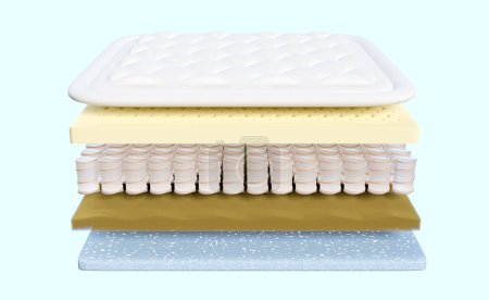 3d layered sheet material mattress with air fabric, pocket springs, natural latex, memory foam, soft sponge isolated on blue background. 3d render illustration, clipping path