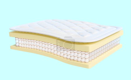 3d layered sheet material mattress with air fabric, pocket springs, natural latex isolated on blue background. 3d render illustration, clipping path