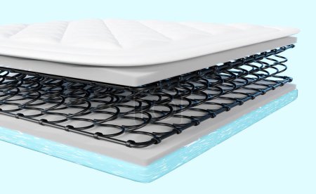 3d layered sheet material mattress with air fabric, coil spring, memory foam, soft sponge isolated on blue background. 3d render illustration, clipping path