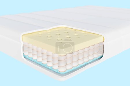 Matratze aus dreilagigem Bettlaken mit Luftgewebe, Taschenfedern, Naturlatex, Memory-Schaum auf blauem Hintergrund. 3D-Darstellung, Clipping-Pfad