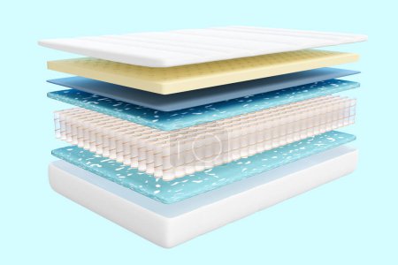 Matratze aus dreilagigem Bettlaken mit Luftgewebe, Taschenfedern, Naturlatex, Memory-Schaum auf blauem Hintergrund. 3D-Darstellung, Clipping-Pfad