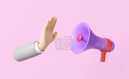 3d hand stop with megaphone isolated on pink background. Don't use the sound, 3d render illustration