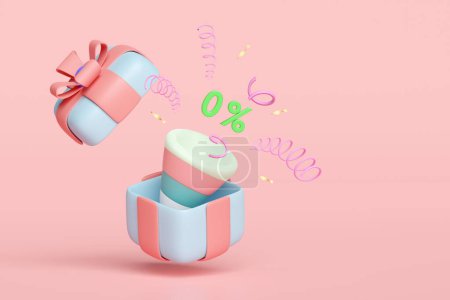 3D-Explosion Feuerwerkskörper mit Geschenkbox, Rabatt-Etikett isoliert auf rosa Hintergrund. Kaufziel, Shopping Marketing Promotion Bonuskonzept, 3D Render Illustration 