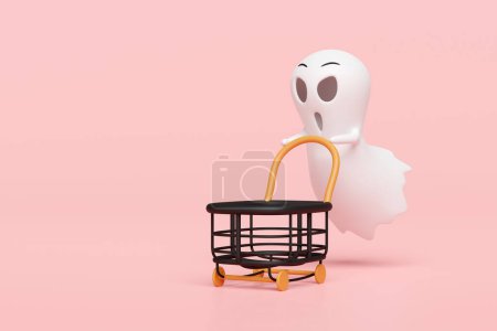 Foto de Concepto de día de Halloween 3d con lindo fantasma empujando un carro de compras aislado sobre fondo rosa. fiesta de vacaciones, 3d ilustración de renderizado - Imagen libre de derechos