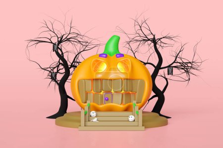 Foto de 3d fiesta de Halloween con casa de calabaza, cráneo en las escaleras, árbol, murciélagos aislados sobre fondo rosa. ilustración de renderizado 3d - Imagen libre de derechos