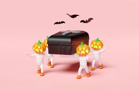 Photo for 3d halloween holiday party with pumpkin head man coffin bearer, bats isolated on pink background. 3d render illustration - Royalty Free Image