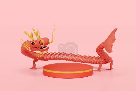Photo for 3d chinese new year 2024 capricorn with cylinder stage podium empty isolated on pink background. 3d render illustration - Royalty Free Image