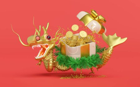 Téléchargez les photos : Boîte cadeau ouverte 3d avec dragon d'or, piles de pièces de monnaie en dollars, feuilles de pin couronne. Nouvel an chinois 2024 capricorne. Illustration de rendu 3D - en image libre de droit