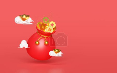 Photo for Chinese gold coins in bag with gold ingot, cloud. chinese new year 2024 capricorn. 3d render illustration - Royalty Free Image
