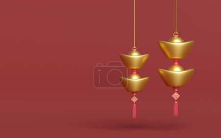 Photo for Gold ingot hang for chinese new year decorations festival. 3d render illustration - Royalty Free Image