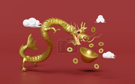 Téléchargez les photos : Lingot d'or chinois avec dragon, nuage, pièce de monnaie. Nouvel an chinois 2024 capricorne. Illustration de rendu 3D - en image libre de droit