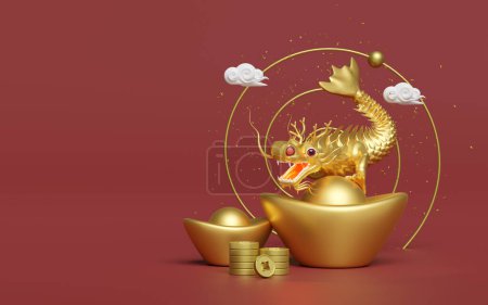 Téléchargez les photos : Lingot d'or chinois avec dragon, nuage, pièce de monnaie. Nouvel an chinois 2024 capricorne. Illustration de rendu 3D - en image libre de droit