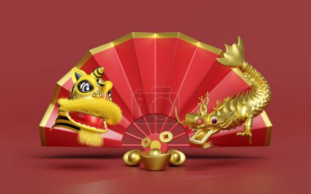 Téléchargez les photos : Eventail 3d avec tête de danse du lion, dragon, lingot d'or chinois, pièce de monnaie pour les fêtes de fin d'année chinoises festives. Illustration de rendu 3D - en image libre de droit