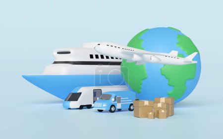 Concept d'expédition dans le monde entier avec globe, avion, fourgon, bateau, boîte de marchandises isolé sur fond bleu. Illustration de rendu 3D
